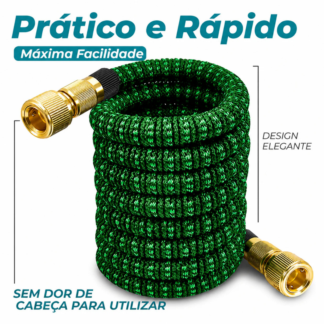 Mangueira Expansível 37 Metros - Reforçada, Grossa - Conectores em aço dourado - Com Bico 8 Jatos