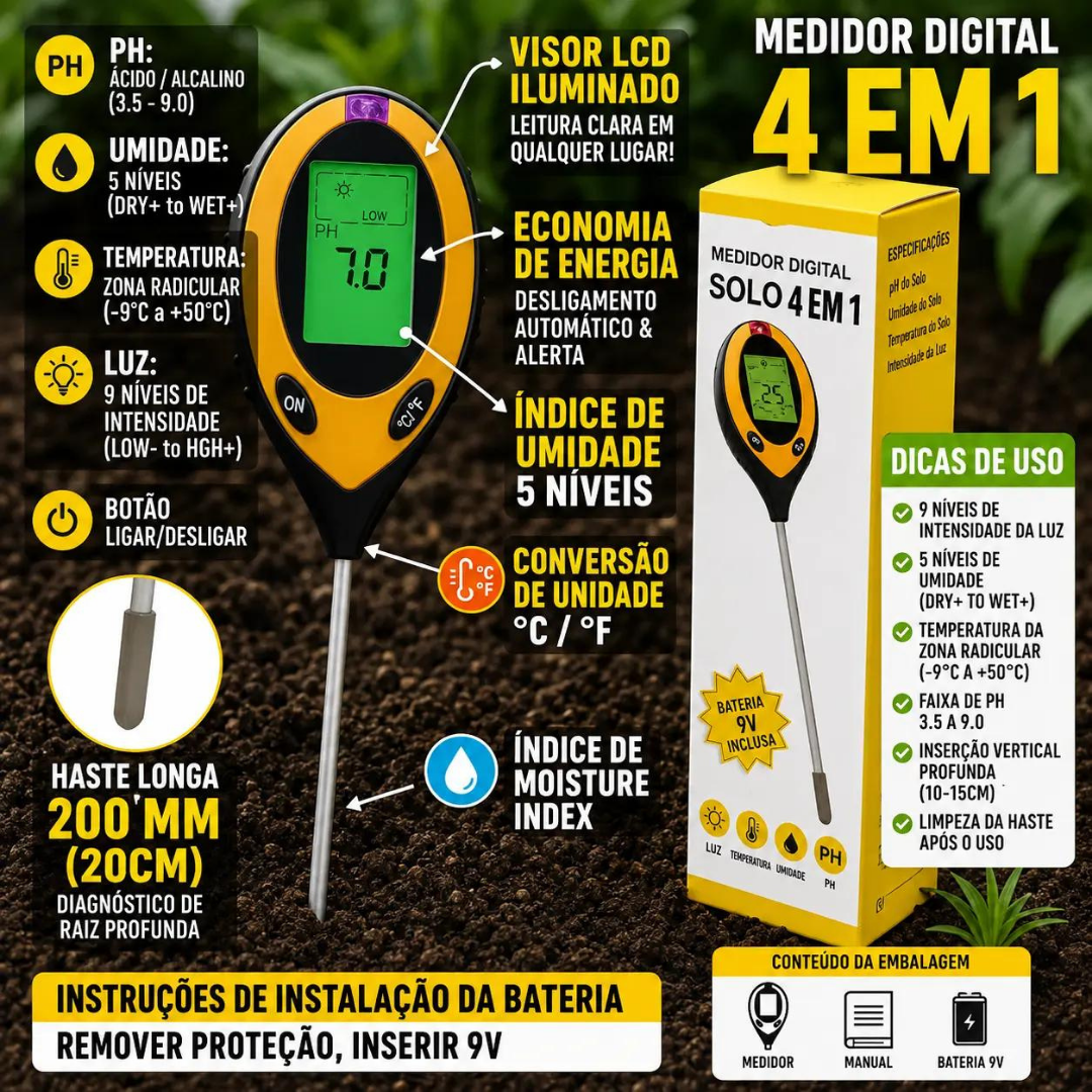 Medidor de Solo Digital 4 em 1 + BRINDE HOJE: 2 Baterias Extras