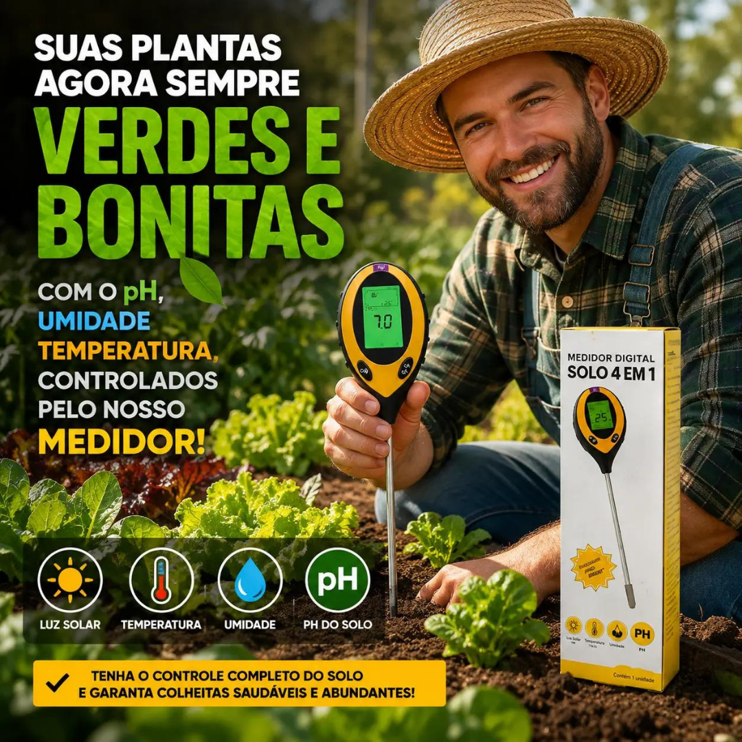 Medidor de Solo Digital 4 em 1 + BRINDE HOJE: 2 Baterias Extras