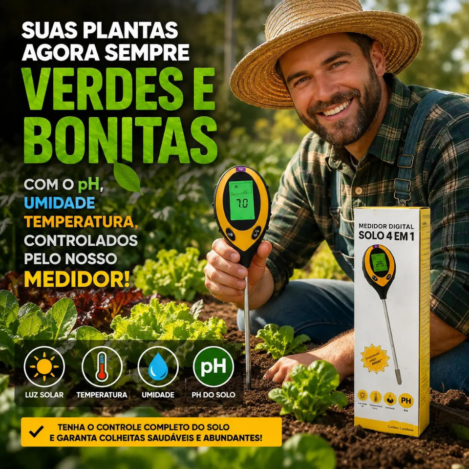Medidor de Solo Digital 4 em 1 + BRINDE HOJE: 2 Baterias Extras
