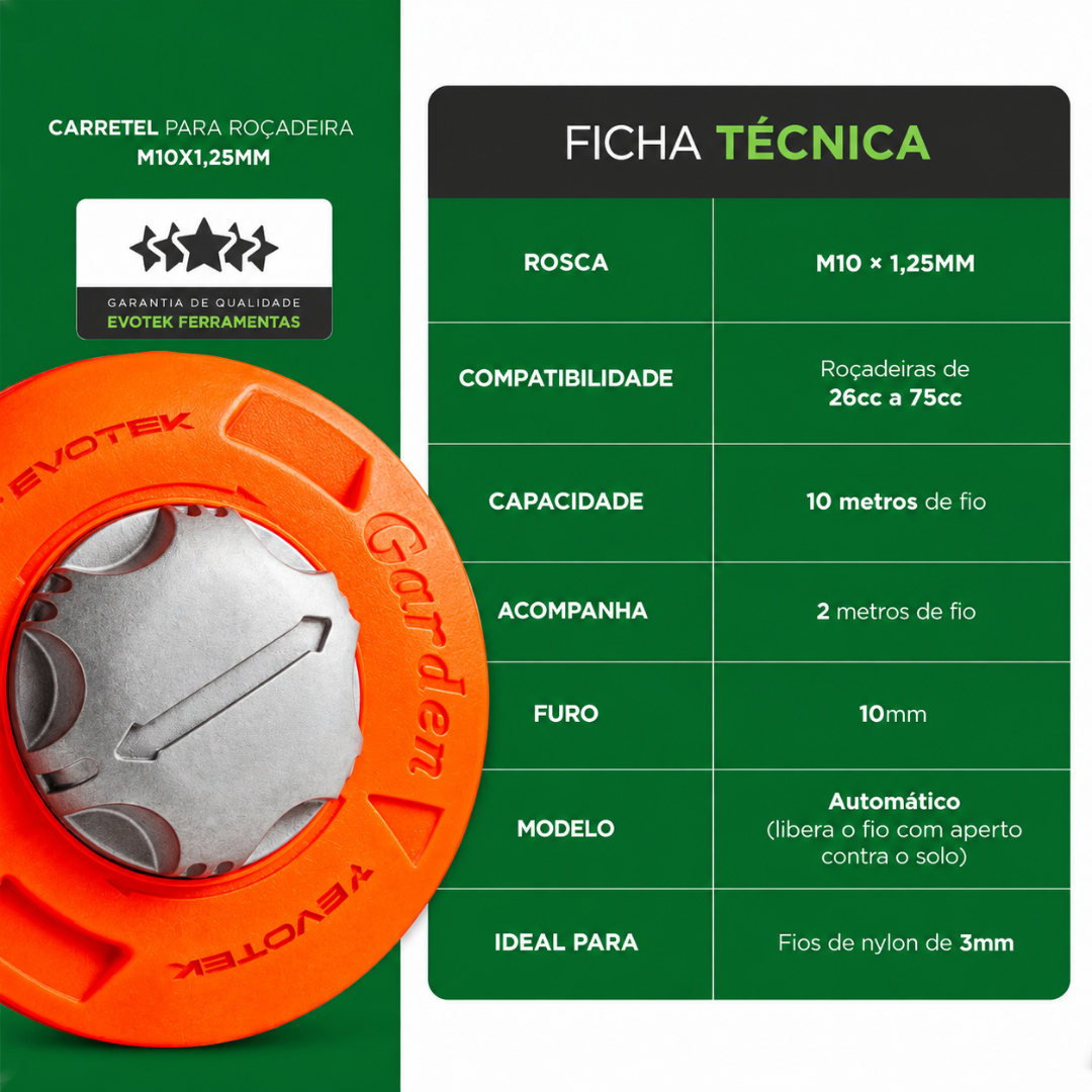 Carretel Automático para Cortador de Grama Universal + BRINDE HOJE: Kit Proteção com Óculos e Luva Profissional🔥