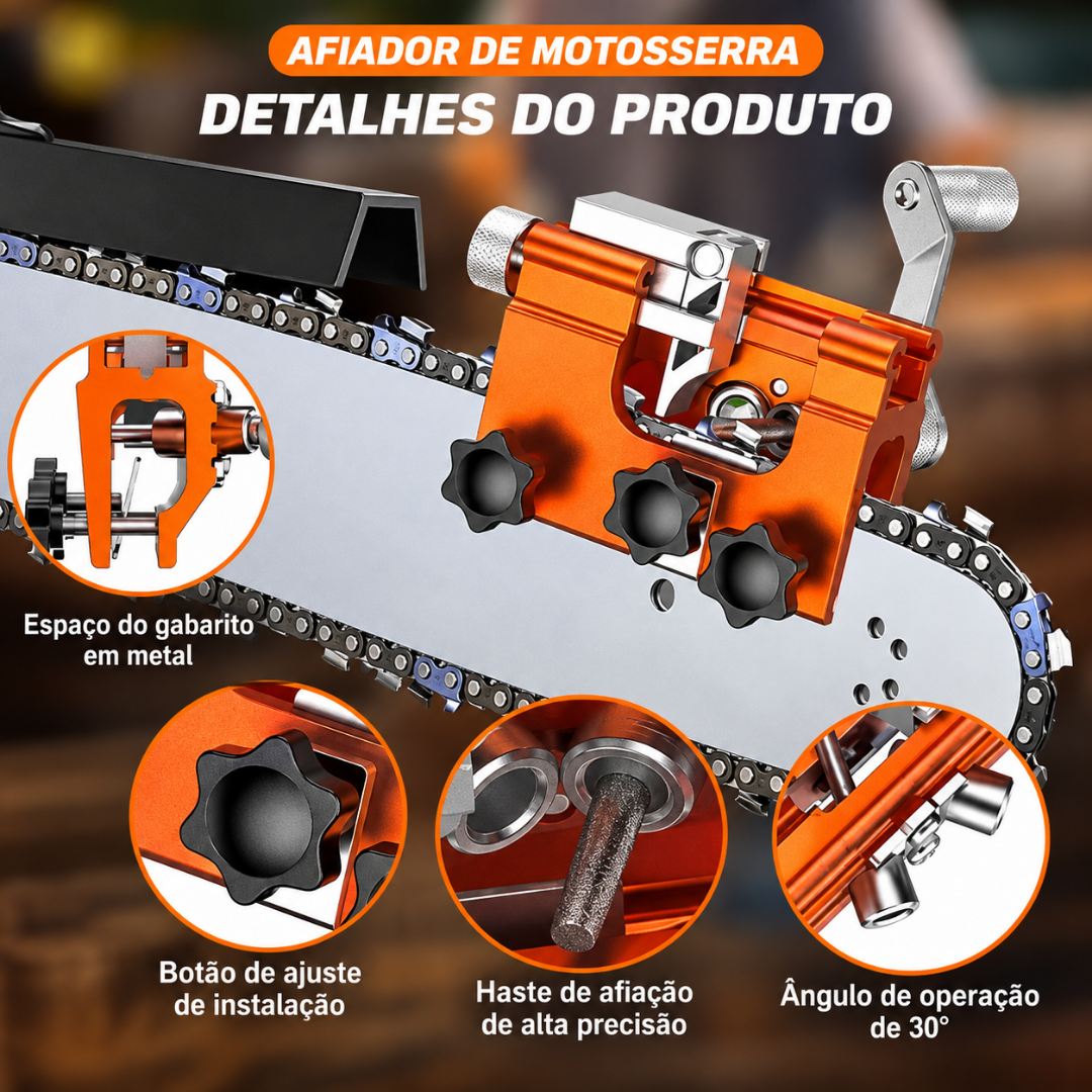 AfiaSerra Pro™ - Afiador Profissional para Motosserra + BRINDE HOJE: Luvas de Proteção GRÁTIS