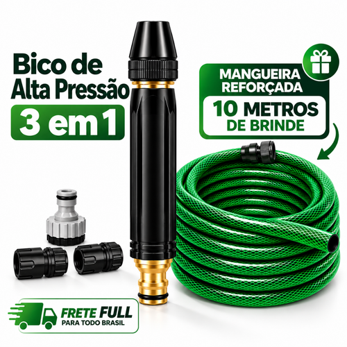 Bico de Alta Pressão 3 em 1 para Mangueira + BRINDE HOJE: Mangueira Reforçada de 10M