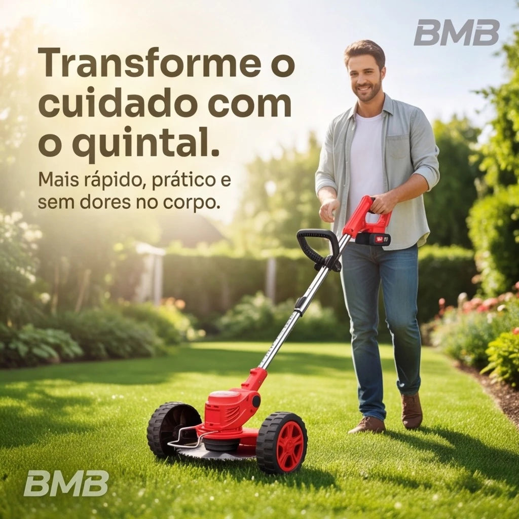 Roçadeira Aparador Cortador De Grama Elétrico Recarregável Com Rodas 2 Baterias de Lítio Kit completo